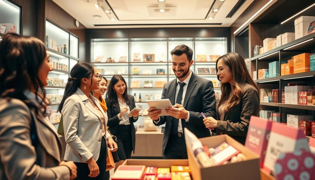 A bright, well-lit modern retail space showcasing a personalized shopping experience. In the foreground, a diverse group of customers, dressed in professional business attire, enthusiastically exploring unique subscription boxes filled with curated products. In the middle ground, a friendly store assistant interacts with a customer, using a tablet to suggest items based on preferences. The background features sleek display shelves filled with beautifully organized boxes, highlighting various subscription themes. Soft, warm lighting enhances the inviting atmosphere, creating a sense of excitement and discovery. The perspective captures a dynamic angle, emphasizing the interaction and engagement in the shopping environment, reflecting the transformational shift in retail towards personalization.