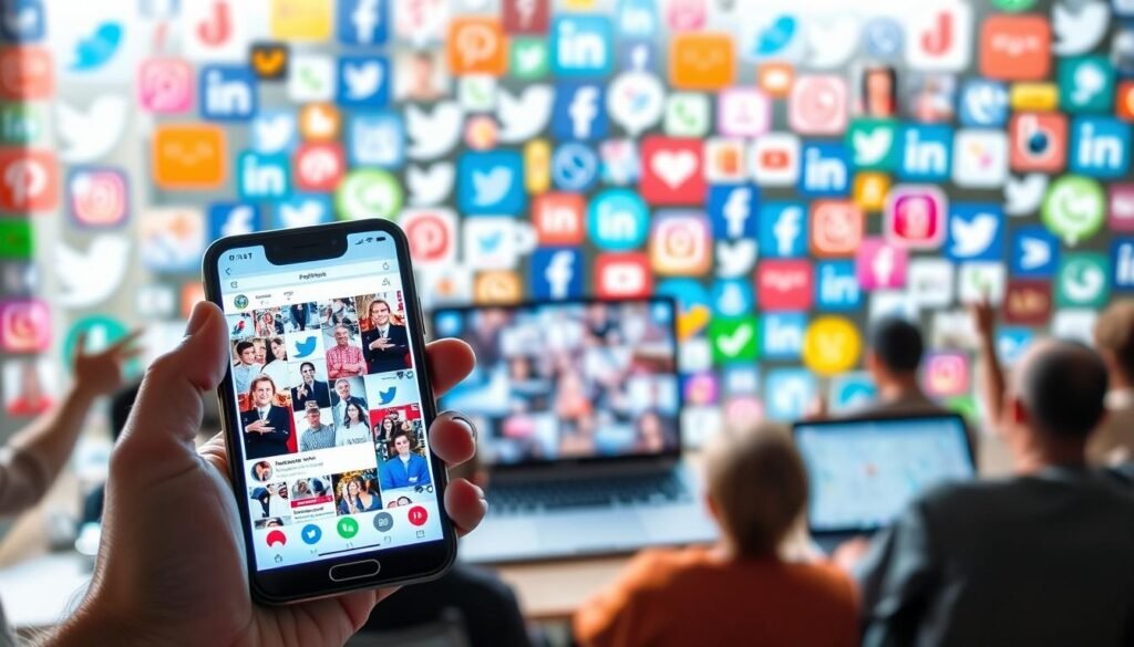 A bustling social media landscape, with various platforms and devices prominently displayed. In the foreground, a smartphone in hand showcases a vibrant, visually engaging feed of user-generated content. The middle ground features a laptop and tablet, emphasizing the multi-device nature of modern social media engagement. In the background, a collage of social media icons and logos creates a sense of interconnectivity and digital community. The lighting is soft and natural, evoking a sense of warmth and connectivity. The overall mood is one of active participation, digital interaction, and the importance of social media as a strategic marketing and customer engagement tool.