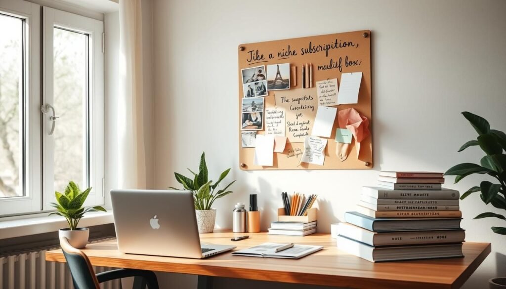 A cozy home office with a neatly organized desk featuring a laptop, stationery, and a potted plant. On the wall, an inspirational mood board showcases images, color swatches, and handwritten notes, hinting at the process of defining a niche subscription box. Soft natural lighting filters through a nearby window, creating a warm and productive atmosphere. A few books on marketing and entrepreneurship are stacked on the desk, reflecting the research and planning involved in curating a unique subscription offering. The overall scene conveys a sense of focus, creativity, and the journey of carving out a distinctive subscription box business. A cozy home office with a neatly organized desk featuring a laptop, stationery, and a potted plant. On the wall, an inspirational mood board showcases images, color swatches, and handwritten notes, hinting at the process of defining a niche subscription box. Soft natural lighting filters through a nearby window, creating a warm and productive atmosphere. A few books on marketing and entrepreneurship are stacked on the desk, reflecting the research and planning involved in curating a unique subscription offering. The overall scene conveys a sense of focus, creativity, and the journey of carving out a distinctive subscription box business.