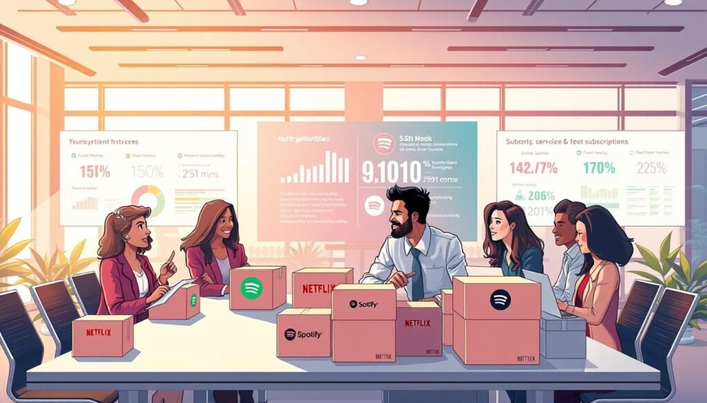A dynamic and innovative illustration showcasing the success stories of subscription box services like Netflix and Spotify. In the foreground, depict a diverse group of professional individuals of various ethnicities engaged in lively discussions around a modern conference table, surrounded by subscription boxes labeled with digital service icons. In the middle ground, include a vibrant, tech-savvy environment featuring large screens displaying engaging metrics and success statistics for these subscription services. The background should be a sleek, futuristic office with large windows, letting in warm, natural light. Use soft lighting to create a collaborative and inspiring atmosphere. Capture the mood of triumph and innovation in the subscription model space.