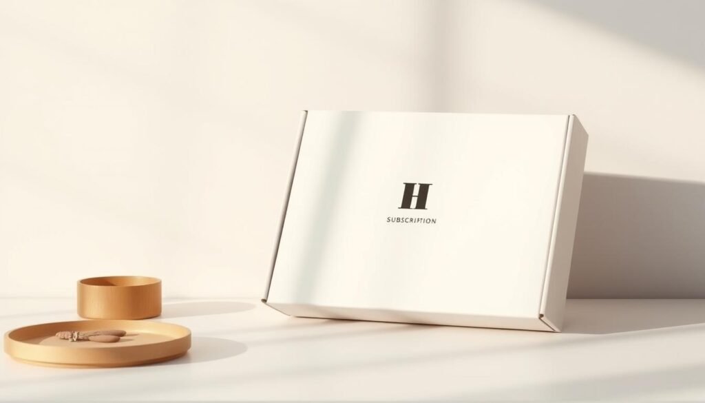 A meticulously designed subscription box mockup, showcased on a clean, minimalist table setting. The box features a sleek, modern design with a minimalist logo and packaging, hinting at the high-quality contents within. Soft, directional lighting illuminates the scene, casting gentle shadows and highlighting the texture and materials of the box. The background is a muted, neutral tone, allowing the subscription box to take center stage as the focal point. This image effectively conveys the concept of a contemporary, thoughtfully curated subscription service, suitable for a variety of industries.