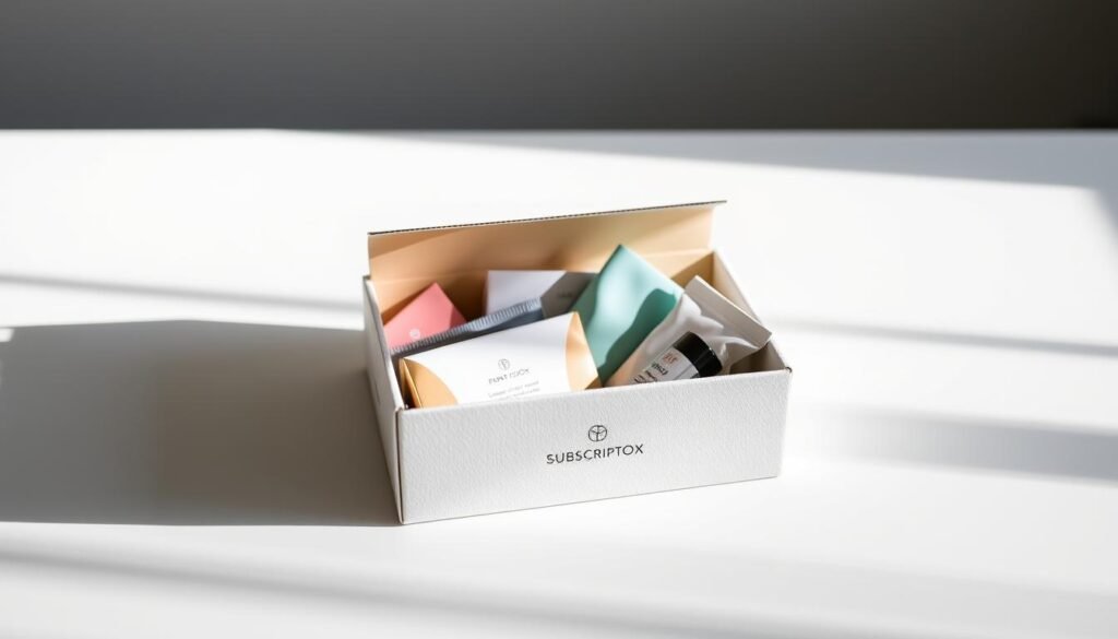 A modern, well-designed subscription box sits on a sleek, minimalist table. Soft, directional lighting illuminates the box, showcasing its premium, textured materials and carefully curated contents. The box's exterior features a clean, minimalist logo and typography, conveying a sense of quality and exclusivity. Inside, the contents are neatly arranged, with each item carefully presented to create a visually appealing and cohesive unboxing experience. The overall mood is one of sophistication, attention to detail, and a desire to delight the customer, fostering a sense of loyalty and anticipation for future deliveries.