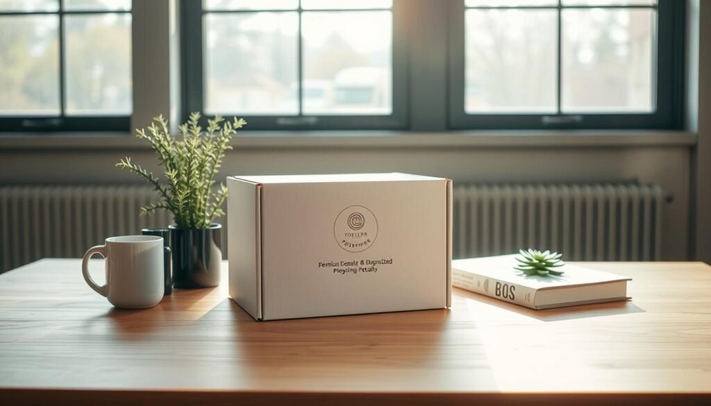 A neatly arranged subscription box sitting on a minimalist wooden table, the sunlight filtering through large windows, casting a warm glow on the scene. The box's exterior features a sleek, modern design with a subtle loyalty program logo, hinting at the exclusive benefits and personalized experience awaiting the subscriber. Surrounding the box are carefully curated lifestyle items, such as a stylish mug, a succulent plant, and a hardcover book, all complementing the subscription's theme. The overall atmosphere exudes a sense of premium quality, attention to detail, and a commitment to fostering long-term customer loyalty.