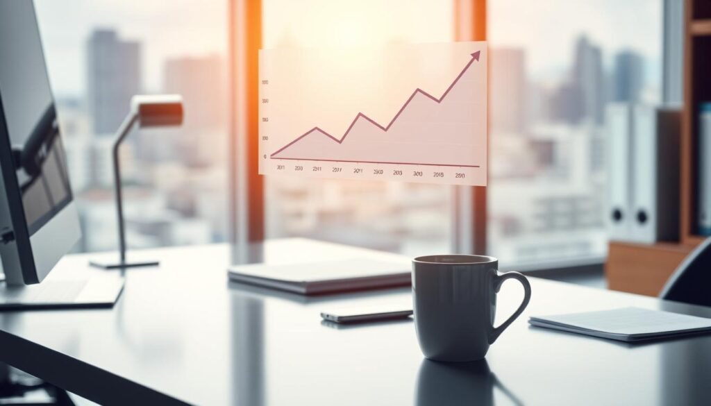 A serene and orderly office setting with a desk, computer, and a mug of coffee. In the foreground, a recurring payment chart or graph hovers above the desk, illuminated by a warm, focused light. The background features a blurred cityscape, conveying a sense of growth and prosperity. The overall atmosphere is one of stability, financial security, and the reliable flow of recurring revenue. The composition emphasizes the importance of predictable income streams and the data-driven insights that enable accurate forecasting.