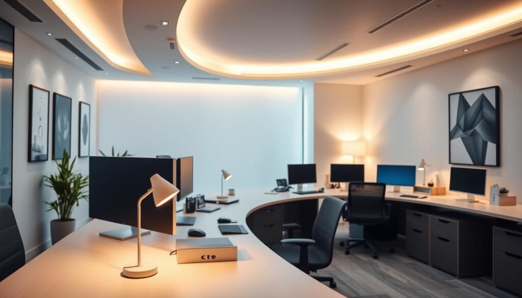 A sleek, modern office interior with a focus on customer relationship management (CRM) and omnichannel operations. The scene features a large, curved desk with multiple computer screens, a stylish lamp, and neatly arranged office supplies. The walls are adorned with minimalist artwork, and the lighting is a combination of warm, diffused overhead illumination and task-focused desk lamps. The overall atmosphere conveys a sense of efficiency, organization, and a customer-centric approach to business. The image should capture the essence of an advanced, data-driven CRM system that seamlessly integrates various customer touchpoints.