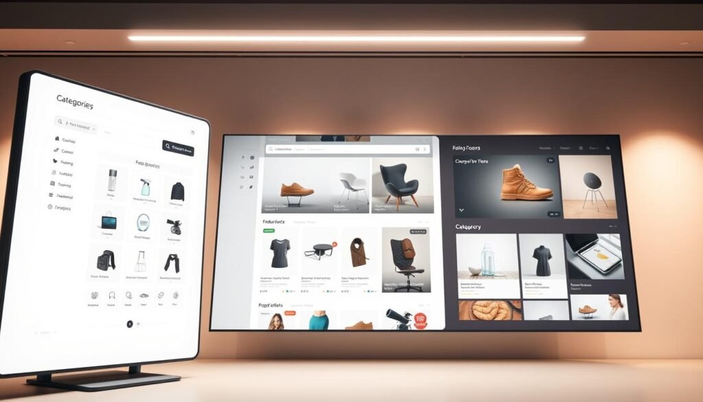 A sleek, modern online platform with a clean, minimalist design. The foreground features a large, prominent display showcasing various product categories, with intuitive navigation menus and clear call-to-action buttons. The middle ground showcases a well-organized product grid, highlighting featured items with high-quality imagery and detailed descriptions. The background portrays a soft, neutral color palette, creating a calming and professional ambiance. Subtle lighting from above casts a warm, inviting glow across the entire scene, emphasizing the platform's user-friendly interface and emphasis on ecommerce functionality. The overall composition conveys a sense of simplicity, efficiency, and a premium shopping experience. A sleek, modern online platform with a clean, minimalist design. The foreground features a large, prominent display showcasing various product categories, with intuitive navigation menus and clear call-to-action buttons. The middle ground showcases a well-organized product grid, highlighting featured items with high-quality imagery and detailed descriptions. The background portrays a soft, neutral color palette, creating a calming and professional ambiance. Subtle lighting from above casts a warm, inviting glow across the entire scene, emphasizing the platform's user-friendly interface and emphasis on ecommerce functionality. The overall composition conveys a sense of simplicity, efficiency, and a premium shopping experience.