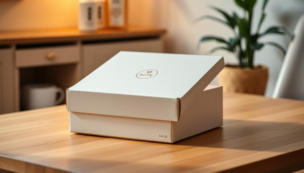 A sleek, modern subscription box resting on a minimalist wooden table, illuminated by soft, warm lighting. The box features a clean, minimalist design with a subtle logo or branding. The foreground showcases the box's contents, neatly arranged and presented, hinting at the carefully curated products within. The middle ground includes a stylish, on-brand packaging, while the background suggests a cozy, domestic setting, perhaps with a plant or other décor elements to create a sense of lifestyle and atmosphere. The overall composition conveys a sense of quality, convenience, and the pleasurable experience of unboxing a tailored subscription service.