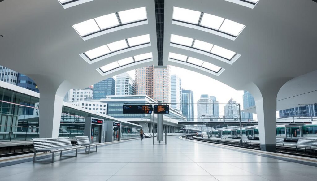 A spacious, well-lit platform at a modern train station, with clean lines and minimalist design elements. The platform is made of sleek, polished concrete, and features a row of metal benches along the edge. Overhead, a series of large skylights allow natural light to flood the space, creating a bright and airy atmosphere. In the background, a row of glass-paneled ticket booths and digital information displays are visible. The platform is surrounded by a mix of contemporary, high-rise buildings, hinting at an urban, metropolitan setting. The overall scene conveys a sense of efficient, streamlined transportation infrastructure that caters to the needs of modern, tech-savvy consumers.