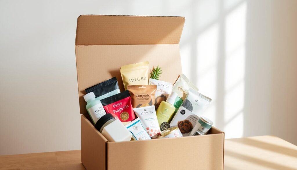 A subscription box filled with assorted products, neatly arranged against a clean, minimalist background. The box itself is made of sturdy cardboard, its exterior featuring a sleek, modern design with a subdued color palette. The contents spill out, revealing an array of carefully curated items - from high-quality skincare products to artisanal snacks and small home decor pieces. Soft, natural lighting illuminates the scene, creating a sense of warmth and inviting the viewer to explore the alluring contents. The overall composition conveys a sense of curation, convenience, and the joy of discovering new, tailored experiences through a subscription-based model. A subscription box filled with assorted products, neatly arranged against a clean, minimalist background. The box itself is made of sturdy cardboard, its exterior featuring a sleek, modern design with a subdued color palette. The contents spill out, revealing an array of carefully curated items - from high-quality skincare products to artisanal snacks and small home decor pieces. Soft, natural lighting illuminates the scene, creating a sense of warmth and inviting the viewer to explore the alluring contents. The overall composition conveys a sense of curation, convenience, and the joy of discovering new, tailored experiences through a subscription-based model.