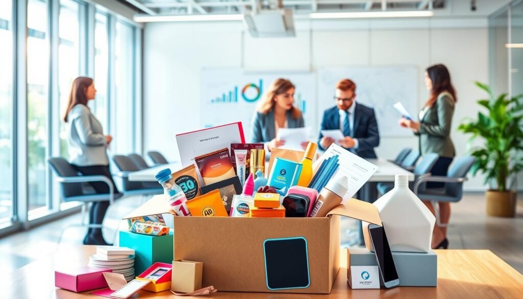 A vibrant and informative illustration depicting various popular subscription business models. In the foreground, showcase an elegantly arranged subscription box overflowing with diverse products such as gourmet snacks, beauty items, and tech gadgets. In the middle ground, include a diverse group of professionals in smart business attire analyzing charts and discussing ideas around a sleek conference table. In the background, display a modern office environment filled with natural light, emphasizing creativity and collaboration. The lighting should be bright and dynamic to convey an atmosphere of innovation and growth. Use a wide-angle lens to create depth, highlighting the interaction among colleagues and the excitement of subscription business concepts. The overall mood should be uplifting and motivating, emphasizing strategic thinking and teamwork. A vibrant and informative illustration depicting various popular subscription business models. In the foreground, showcase an elegantly arranged subscription box overflowing with diverse products such as gourmet snacks, beauty items, and tech gadgets. In the middle ground, include a diverse group of professionals in smart business attire analyzing charts and discussing ideas around a sleek conference table. In the background, display a modern office environment filled with natural light, emphasizing creativity and collaboration. The lighting should be bright and dynamic to convey an atmosphere of innovation and growth. Use a wide-angle lens to create depth, highlighting the interaction among colleagues and the excitement of subscription business concepts. The overall mood should be uplifting and motivating, emphasizing strategic thinking and teamwork.