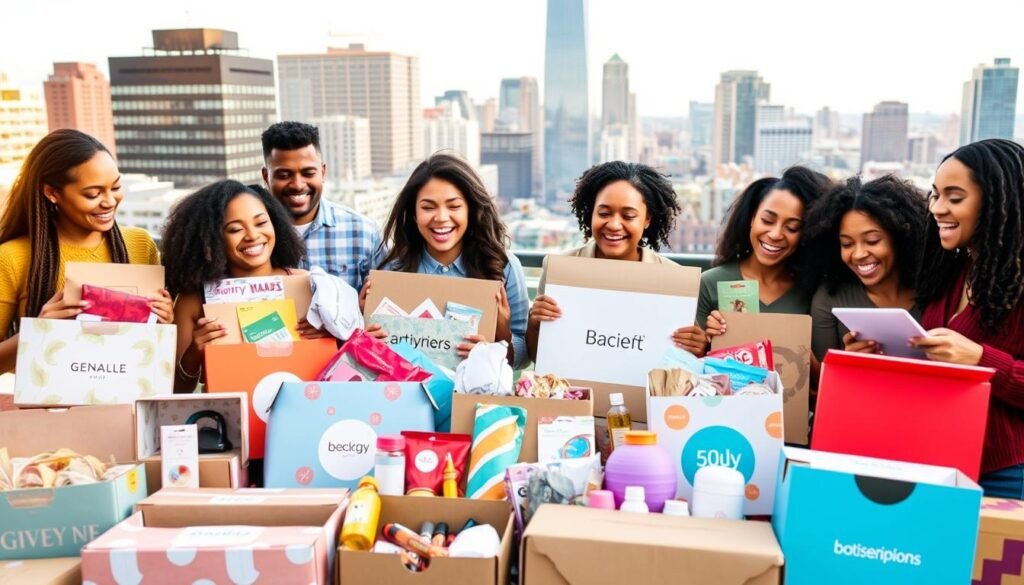 A vibrant collection of subscription boxes showcasing the diverse industries they serve. In the foreground, a variety of box designs and packaging styles representing beauty, food, lifestyle, and other popular categories. The middle ground features people of diverse backgrounds enthusiastically unpacking their subscription deliveries, their faces brimming with delight. In the background, a dynamic cityscape with skyscrapers and bustling streets, symbolizing the global reach and growth of the subscription box industry. Warm, natural lighting casts a welcoming glow over the scene, conveying the convenience, excitement, and sense of discovery inherent in the subscription box experience.
