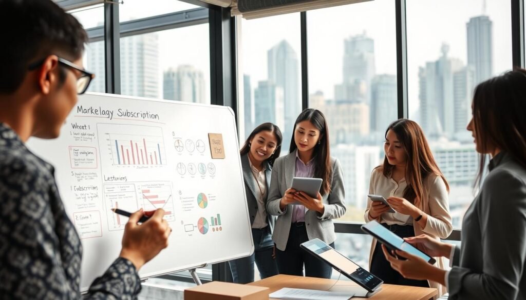 A vibrant, modern workspace featuring a diverse group of professionals engaged in a dynamic brainstorming session about subscription box strategies in Indonesia. In the foreground, a focused businesswoman in smart casual attire sketches ideas on a large whiteboard, surrounded by charts and diagrams depicting subscription models. The middle ground includes colleagues, both men and women, discussing and examining market research data on digital tablets and laptops, showcasing teamwork. The background has large windows letting in natural light, highlighting a cityscape with iconic Indonesian architecture. The atmosphere is bustling yet collaborative, emphasizing innovation and strategy in the subscription market. The scene is captured with a slightly wide-angle lens, enhancing the sense of depth while maintaining a bright and inspirational mood.