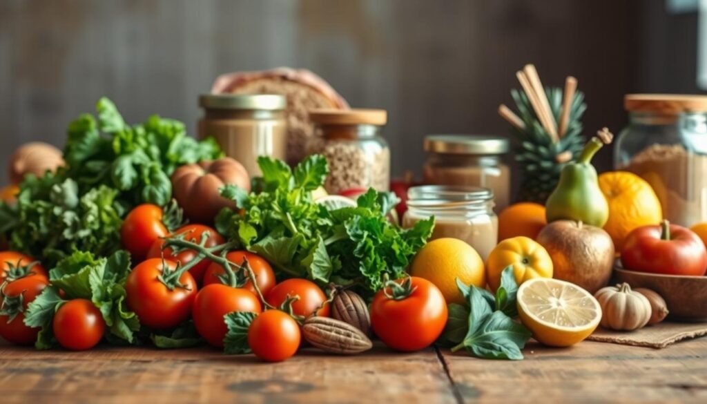 A vibrant still-life arrangement showcasing a variety of healthy, wholesome foods. In the foreground, an array of fresh produce takes center stage - ripe tomatoes, crisp greens, and juicy citrus fruits artfully arranged on a rustic wooden table. The middle ground features a selection of whole grains, such as quinoa and whole-wheat bread, alongside jars of natural nut butters and honey, creating a sense of balance and nutrition. The background is softly blurred, allowing the focus to remain on the healthy ingredients. Warm, natural lighting casts a gentle glow, evoking a sense of warmth and wellness. The overall composition conveys a message of mindful, nourishing consumption, perfect for illustrating the rise of healthy food trends. A vibrant still-life arrangement showcasing a variety of healthy, wholesome foods. In the foreground, an array of fresh produce takes center stage - ripe tomatoes, crisp greens, and juicy citrus fruits artfully arranged on a rustic wooden table. The middle ground features a selection of whole grains, such as quinoa and whole-wheat bread, alongside jars of natural nut butters and honey, creating a sense of balance and nutrition. The background is softly blurred, allowing the focus to remain on the healthy ingredients. Warm, natural lighting casts a gentle glow, evoking a sense of warmth and wellness. The overall composition conveys a message of mindful, nourishing consumption, perfect for illustrating the rise of healthy food trends.