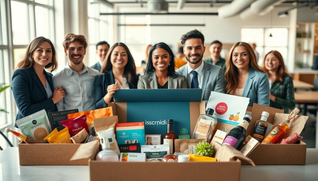 A visually appealing subscription box display, filled with an assortment of diverse products representing various successful industries, such as health, beauty, and gourmet food. In the foreground, an elegantly designed subscription box is open, showcasing colorful items like organic snacks, skincare products, and artisanal beverages. In the middle ground, soft focus images of happy, professionally dressed individuals of diverse backgrounds, engaging with the boxes, suggesting satisfaction and excitement. The background features a bright, modern workspace, illuminated by natural light streaming through large windows, creating an inviting atmosphere. The camera angle should be slightly elevated, capturing the scene from above with a 35mm lens to emphasize depth. Aim for a cheerful and optimistic mood, highlighting the successful trend of subscription boxes across industries. A visually appealing subscription box display, filled with an assortment of diverse products representing various successful industries, such as health, beauty, and gourmet food. In the foreground, an elegantly designed subscription box is open, showcasing colorful items like organic snacks, skincare products, and artisanal beverages. In the middle ground, soft focus images of happy, professionally dressed individuals of diverse backgrounds, engaging with the boxes, suggesting satisfaction and excitement. The background features a bright, modern workspace, illuminated by natural light streaming through large windows, creating an inviting atmosphere. The camera angle should be slightly elevated, capturing the scene from above with a 35mm lens to emphasize depth. Aim for a cheerful and optimistic mood, highlighting the successful trend of subscription boxes across industries.