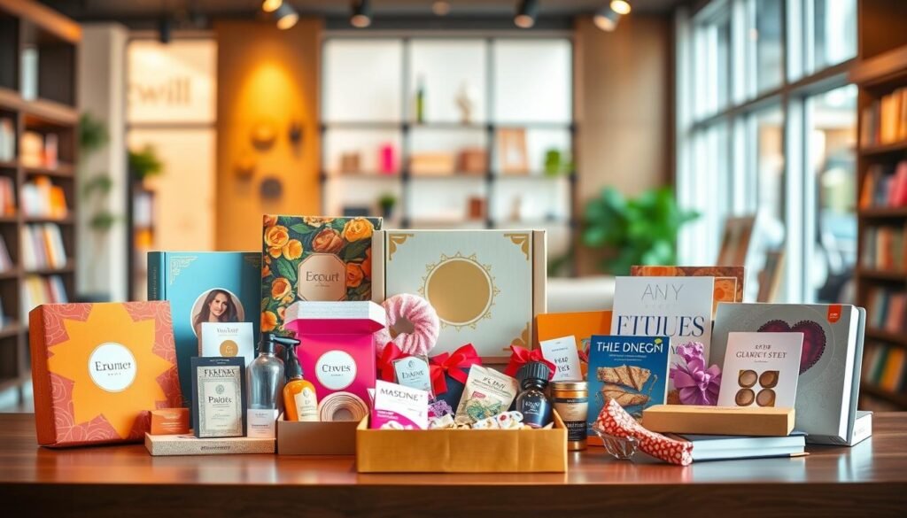 A visually striking composition showcasing a variety of innovative subscription boxes each representing different categories like gourmet food, beauty products, fitness gear, and books. In the foreground, a beautifully arranged display of these subscription boxes with vibrant colors and textures, including elegant packaging and eye-catching designs. The middle ground features a serene desk setting with natural lighting that highlights the boxes, suggesting an inviting atmosphere. In the background, soft blurred imagery of a modern retail space, evoking a sense of growth and transformation in the shopping experience. The overall mood is inspiring and fresh, with a balanced focus on creativity and business professionalism, captured in a warm and inviting color palette, shot with a soft-focus lens for a dreamy effect. A visually striking composition showcasing a variety of innovative subscription boxes each representing different categories like gourmet food, beauty products, fitness gear, and books. In the foreground, a beautifully arranged display of these subscription boxes with vibrant colors and textures, including elegant packaging and eye-catching designs. The middle ground features a serene desk setting with natural lighting that highlights the boxes, suggesting an inviting atmosphere. In the background, soft blurred imagery of a modern retail space, evoking a sense of growth and transformation in the shopping experience. The overall mood is inspiring and fresh, with a balanced focus on creativity and business professionalism, captured in a warm and inviting color palette, shot with a soft-focus lens for a dreamy effect.