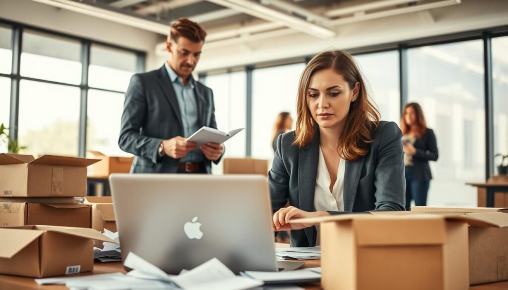 A business meeting setting showcasing the challenges of subscription box models. In the foreground, a professional woman in business attire, looking thoughtfully at a laptop, surrounded by opened boxes and scattered papers. In the middle ground, a man in smart casual clothing, holding a notepad, appears to address a small group, conveying discussion and collaboration. The background features a modern office with large windows, allowing natural light to flood the space, creating a warm and inviting atmosphere. The overall mood is focused yet slightly tense, representing the complexities of implementing a subscription service. The angle is slightly above eye level, capturing the engagement of the participants while highlighting the workspace environment.