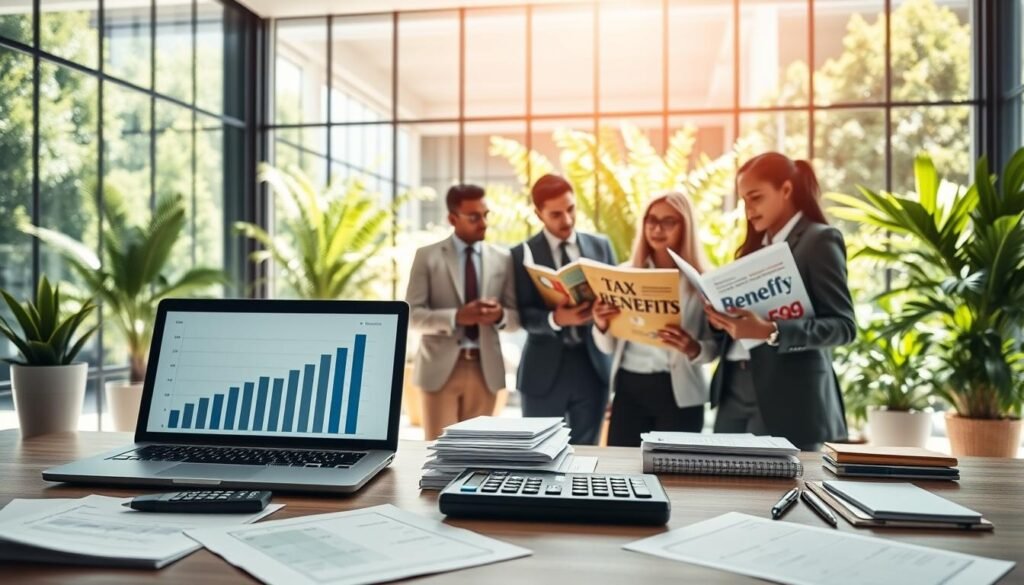 A modern, inviting tax-free facility designed for small businesses, set against a bright, sunny backdrop. In the foreground, showcase a well-organized desk with financial documents, calculators, and a laptop displaying graphs symbolizing growth. In the middle, display a diverse group of small business owners in professional business attire, engaged in discussion and examining tax benefits brochures. The background features a glass-paneled building with greenery around it, symbolizing a successful and thriving business environment. Utilize soft, natural lighting to create a warm atmosphere, capturing a sense of optimism and opportunity for entrepreneurs. The scene conveys professionalism, support, and a clear message of financial empowerment for small businesses.