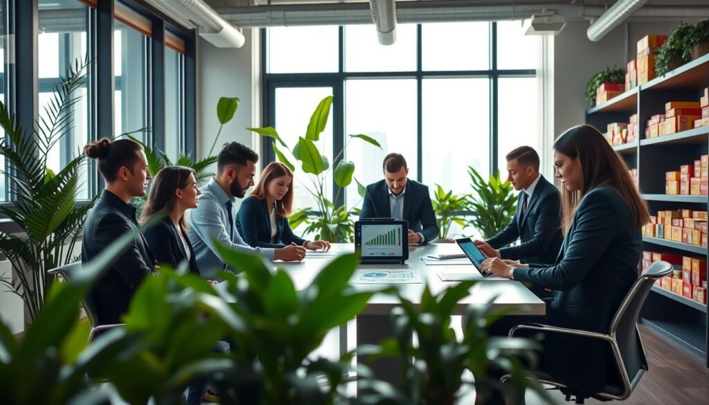 A modern office environment showcasing efficient production planning in subscription box services. In the foreground, a diverse group of professionals in business attire collaborates around a sleek conference table, analyzing data on a digital tablet and charts. In the middle, large windows allow natural light to flood the space, with a backdrop of a city skyline visible. Various green plants create a refreshing atmosphere, symbolizing growth and sustainability. In the background, shelves are neatly organized with colorful subscription boxes, hinting at innovative products. The image captures a dynamic, collaborative energy, emphasizing strategic planning and streamlined workflows, with a bright and optimistic mood. The angle is slightly tilted for a more engaging perspective.