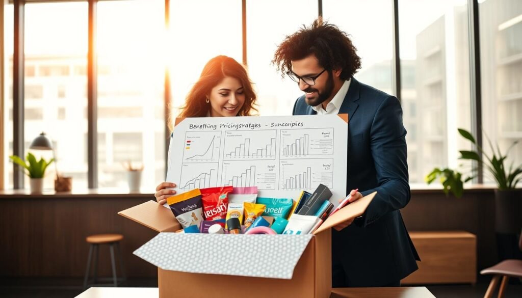 A modern, stylish office setting forms the background, featuring large windows with natural sunlight streaming in, casting a warm glow across the room. In the foreground, a diverse group of three business professionals – two men and one woman – are discussing strategies over an aesthetically pleasing, open subscription box filled with vibrant products like gourmet snacks, beauty items, or tech gadgets. The individuals are dressed in professional business attire, appearing engaged and collaborative, while a whiteboard filled with pricing strategies and graphs is visible in the middle ground. The atmosphere conveys a sense of innovation and teamwork, highlighting the concept of beneficial pricing strategies for subscription boxes. Utilize a wide-angle lens to capture the entire scene, creating a balanced and dynamic composition.