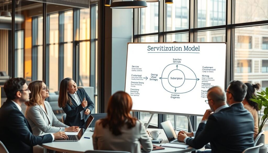 A professional business conference setting, showcasing a diverse group of people in smart business attire engaged in discussion. In the foreground, a whiteboard displays the "Servitization Model" diagram featuring key components like subscription services and customer engagement strategies, illustrated with graphs and arrows. The middle ground features a round table where participants are actively brainstorming, with laptops and notebooks scattered around. In the background, large glass windows let in warm, natural lighting, illuminating the modern office space, creating an atmosphere of innovation and collaboration. The scene exudes a forward-thinking and dynamic mood, emphasizing the shift from product ownership to service-based models.