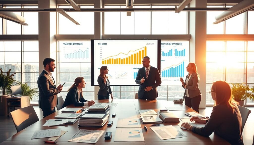 A professional business setting illustrating the concept of tax transition strategies. In the foreground, a diverse group of professionals in business attire is engaged in a discussion around a large table filled with documents and graphs depicting tax rates and financial data. The middle ground features a large digital screen displaying visualizations of tax charts and transition strategies. In the background, a modern office environment with large windows allowing natural light to flood the space, creating a bright and optimistic atmosphere. The scene conveys a sense of collaboration and strategic thinking, focusing on the importance of optimizing tax strategies during the transition phase. The lighting is warm, enhancing a productive and forward-looking mood.