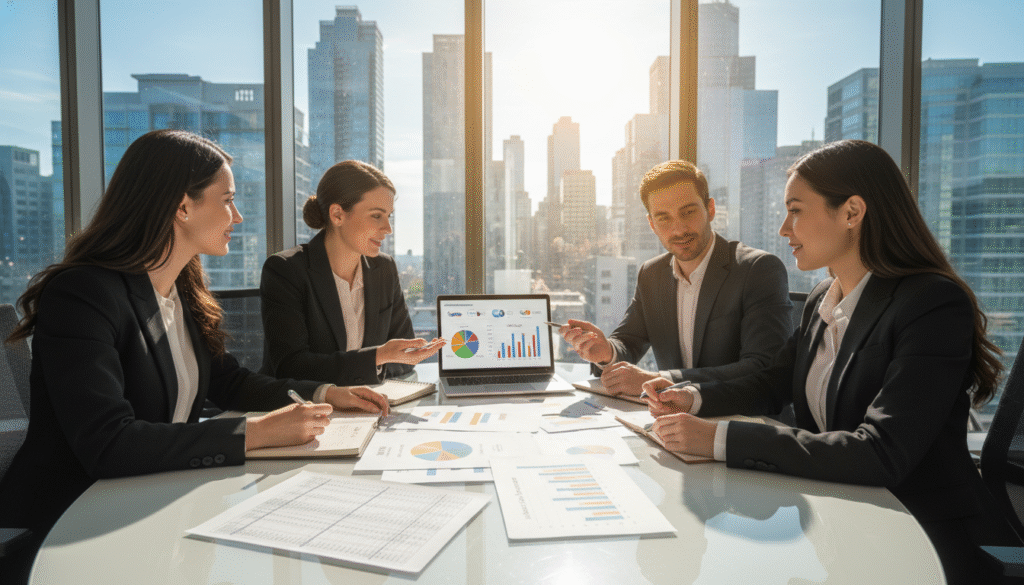 A professional business setting showcasing a well-organized catering budget strategy meeting. In the foreground, a round table laden with spreadsheets, a laptop displaying catering quotes, and colorful charts outlining costs. In the middle ground, a diverse group of four business professionals in business attire engaged in discussion, taking notes, and pointing at the details on the laptop. In the background, glass windows reveal a cityscape, with soft, natural light streaming in, creating a warm and inviting atmosphere. The mood is focused yet collaborative, conveying efficiency and optimal planning in catering budgets. The image should have a clean, modern aesthetic, captured from a slightly elevated angle to provide a comprehensive view of the setting.