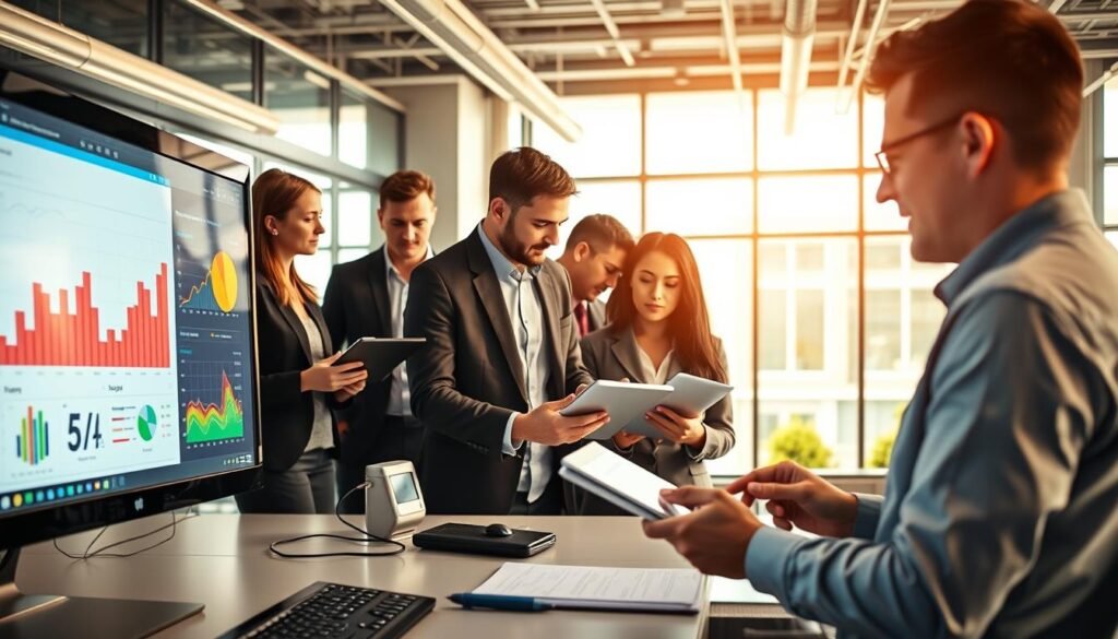 A sleek, modern workspace filled with high-tech data analytics tools illustrating personalization in AI. In the foreground, a computer screen displays colorful graphs and user data, showing insights into consumer preferences. The middle layer features a diverse group of professionals in business attire, engaged in discussions, analyzing data on tablets and laptops, with expressions of curiosity and collaboration. The background showcases a bright, open office space with large windows allowing natural light to flood the room, creating an innovative and energetic atmosphere. Use warm lighting to enhance the feel of teamwork and creativity. Capture the scene from a dynamic angle that emphasizes the interaction between technology and people, highlighting the significance of personalization in today’s data-driven era.