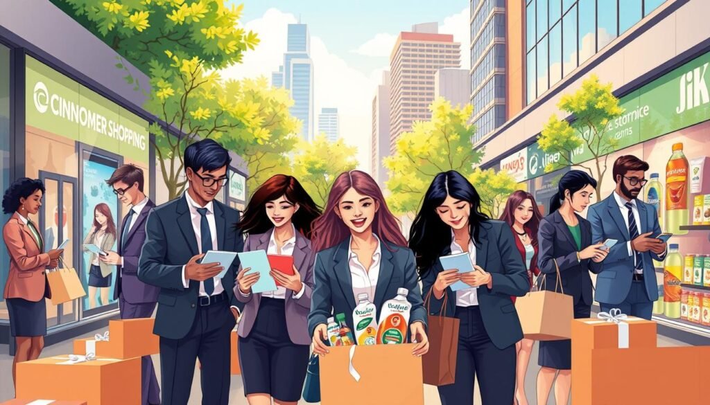 A vibrant and engaging illustration depicting the concept of consumer shopping evolution. In the foreground, a diverse group of professionally dressed individuals, both men and women, engage with various subscription boxes and innovative products, showcasing excitement and curiosity. The middle ground features a modern urban environment with sleek storefronts and digital screens displaying advertisements for innovative services and products. In the background, a balanced blend of nature and technology, with green trees and high-tech buildings to symbolize sustainability and innovation. The scene is illuminated by warm, natural lighting that evokes a welcoming atmosphere, shot from a slightly elevated angle to capture the dynamics of interaction and integration of modern shopping experiences.