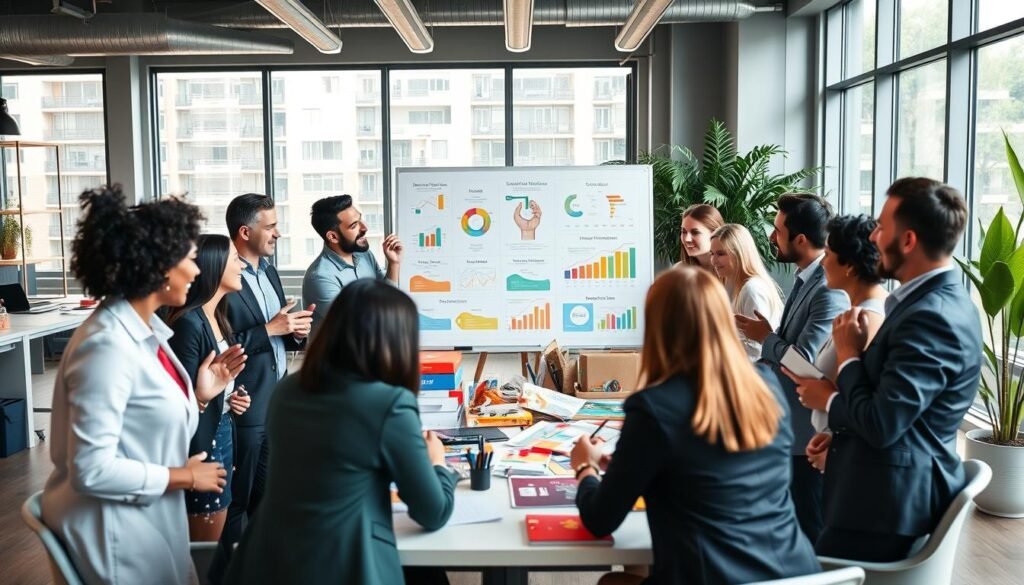 A vibrant and engaging office scene depicting a marketing strategy meeting for a subscription box business. In the foreground, a diverse group of professionals, dressed in smart business attire, enthusiastically discussing ideas around a large table filled with subscription box samples and marketing materials. In the middle, a whiteboard with colorful charts and diagrams illustrating marketing strategies and growth metrics. The background features a modern office with large windows letting in natural light, creating a bright and open atmosphere, complemented by greenery and contemporary decor. The mood is collaborative and energetic, emphasizing innovation and strategic thinking in the subscription box industry. The image is captured with a wide-angle lens to encompass the dynamic environment.