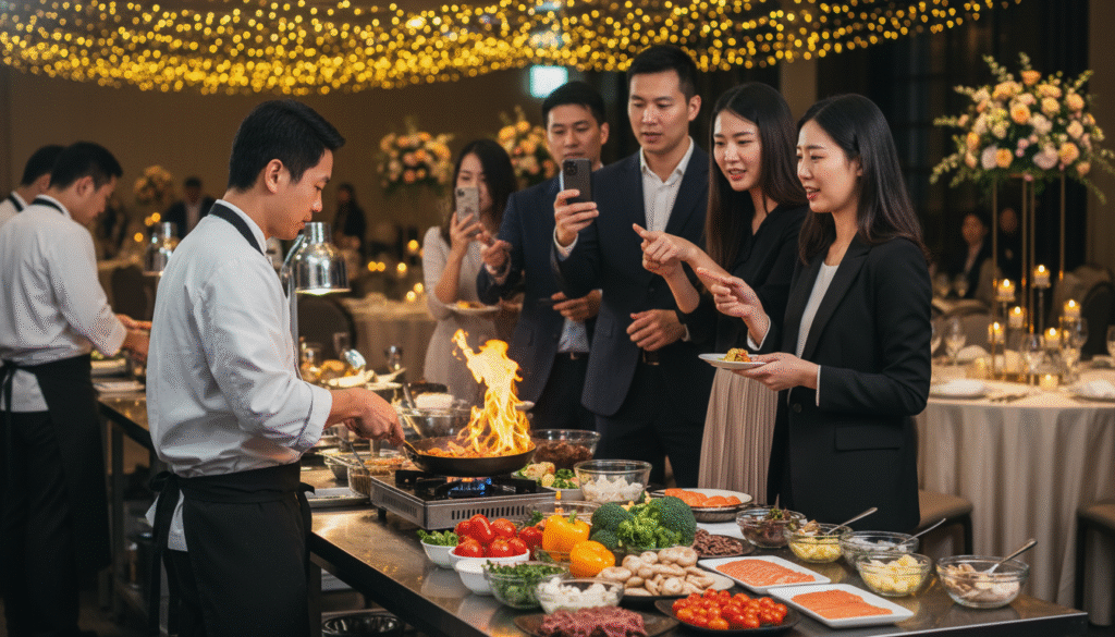 A vibrant live cooking station set up for a corporate year-end catering event, featuring a diverse array of fresh ingredients artfully displayed. In the foreground, a skilled chef in a crisp white chef's coat and black pants prepares gourmet dishes on a polished stainless steel countertop, flames dancing from a sizzling pan. In the middle, guests in professional business attire are engaged, enjoying the interactive cooking experience, while some take photos with their smartphones. The background showcases elegant decorations with subtle ambient lighting, creating a warm and inviting atmosphere. Soft bokeh effects enhance the visual depth, giving a sense of a lively gathering. The overall mood is celebratory and sophisticated, highlighting contemporary catering trends.