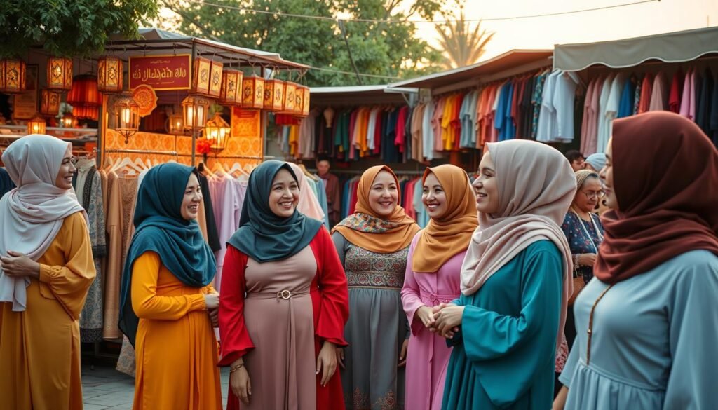 A vibrant outdoor market scene during Ramadan, showcasing a variety of stylish Muslim fashion. In the foreground, a diverse group of women wearing elegant, modest attire in rich colors—such as flowing abayas, chic hijabs, and contemporary dresses—are engaged in friendly conversation. The middle ground features colorful stalls brimming with traditional and modern garments, adorned with decorative lanterns and Ramadan-themed ornaments. In the background, a warm sunset bathes the scene in golden light, enhancing the festive atmosphere. Capture this moment with a low-angle shot to emphasize the vibrant clothing and the joyful expressions of the women. The mood should be lively and celebratory, reflecting the spirit of Ramadan.