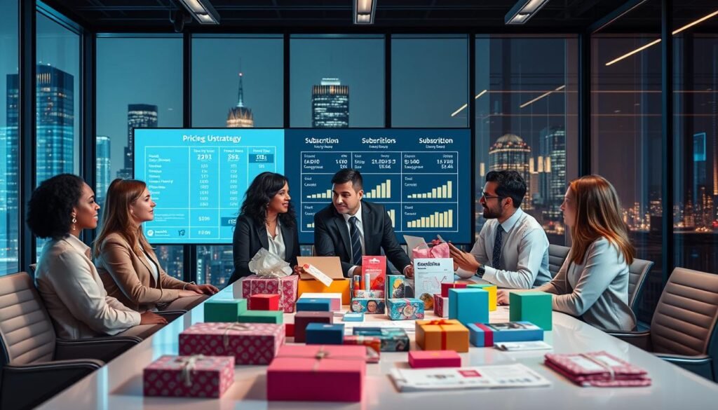 A visually appealing image depicting a modern workspace focused on the pricing strategy for subscription boxes. In the foreground, a diverse group of three professionals in business attire engage in a dynamic discussion around a sleek conference table filled with colorful subscription box prototypes and financial charts. The middle ground features a large digital display showcasing pricing models and customer statistics, illuminated by soft, ambient lighting. In the background, large windows offer a view of a bustling cityscape, adding vibrancy to the setting. The mood is collaborative and strategic, emphasizing innovation and growth in the retail sector. The scene captures the essence of strategic planning with a professional and engaging atmosphere.