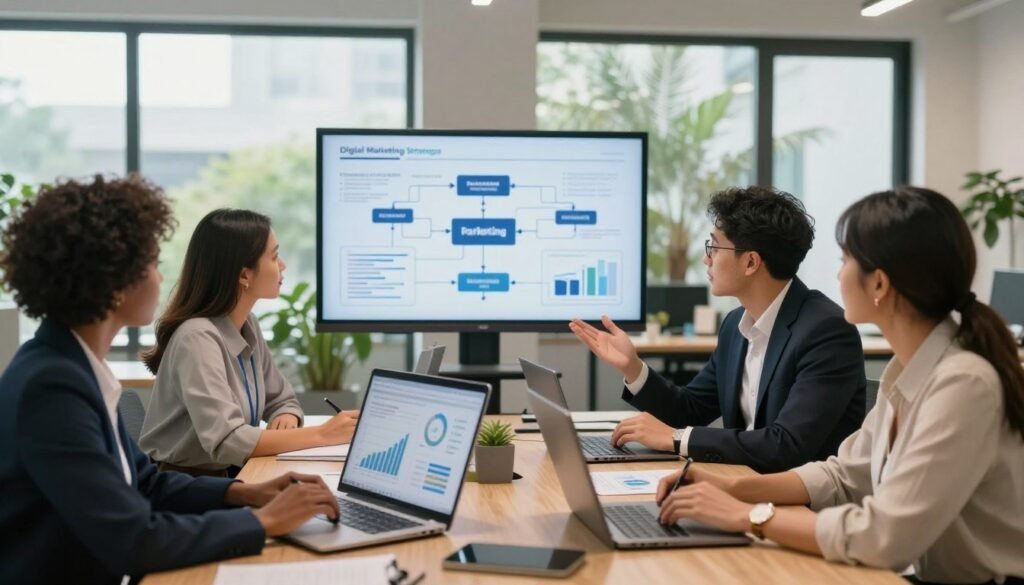 A modern office workspace showcasing a digital marketing strategy meeting. In the foreground, a diverse group of professionals in business attire, including a Black woman, a Hispanic man, and a Caucasian woman, engaged in a brainstorming session. They are surrounded by digital devices displaying graphs, charts, and analytics. The middle ground includes a large screen showing a flowchart of digital marketing strategies. In the background, a bright, airy office with large windows letting in natural light, lush greenery visible outside. The atmosphere is focused and collaborative, conveying determination and innovation. Use soft, warm lighting to enhance the professional yet inviting mood, with a slight depth of field to emphasize the group and their discussion.