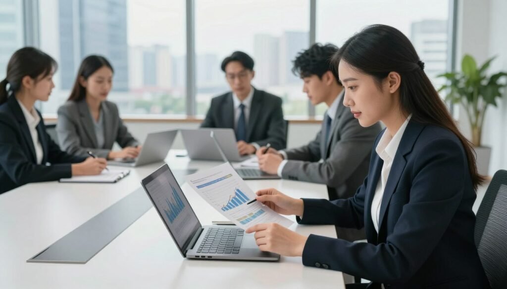A professional business setting illustrating tight cash management as the foundation of financial stability. In the foreground, a focused businesswoman dressed in a smart suit is analyzing financial documents and graphs on a laptop, surrounded by charts showing cash flows and budgets. The middle ground features a sleek, modern conference table with a few additional business professionals, all in formal attire, discussing strategies. In the background, a large window displays a cityscape, signifying a bustling economic environment. Soft, natural lighting streams in, creating a hopeful and dynamic atmosphere, with a slight depth of field to keep focus on the foreground action while blurring the background details.