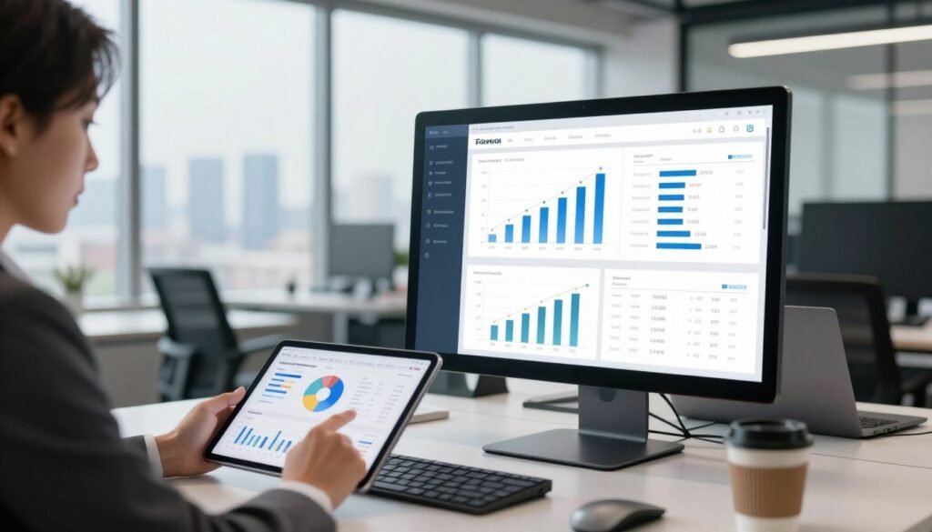 A sleek and modern office environment showcasing a digital financial management software interface on a large monitor, prominently displaying charts and analytics. In the foreground, a professional individual in business attire is actively engaged in work, analyzing data with a tablet in hand. The middle ground features an organized desk with financial documents, a laptop, and a coffee cup, creating a productive atmosphere. The background has large windows with natural light flooding the space, accentuating a contemporary design. Soft, ambient lighting helps convey a focused and efficient mood, while a panoramic view of a city skyline can be seen through the windows, symbolizing growth and success in business operations.